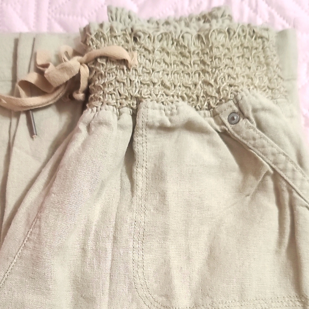 Beige Smocked Linen Waist Pants